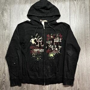 Vintage Split Skate Y2k Womens Medium Zip Up Hoodie Embroidered Goth Emo